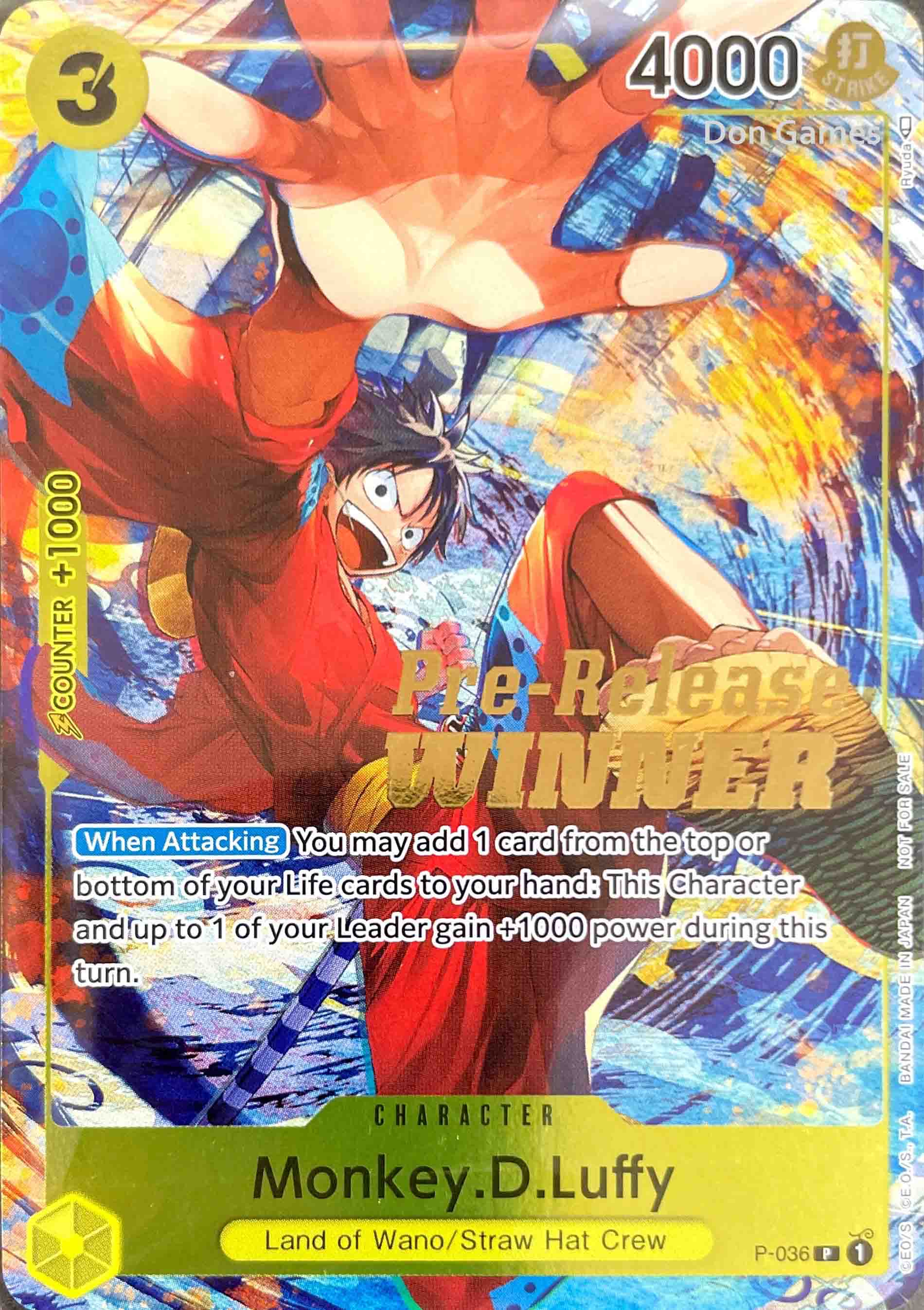 one piece card game pre release TCG: OP- 17 Prerelease Universe variation to centering P-036 Monkey. D. Luffy Pre-Release