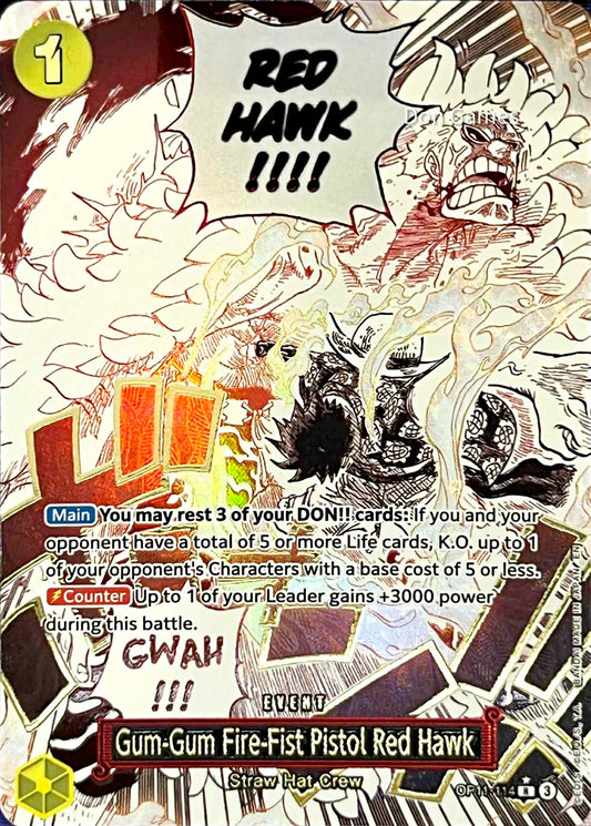 OP11-114 Gum-Gum Fire-Fist Pistol Red Hawk Event Card Alternate Art